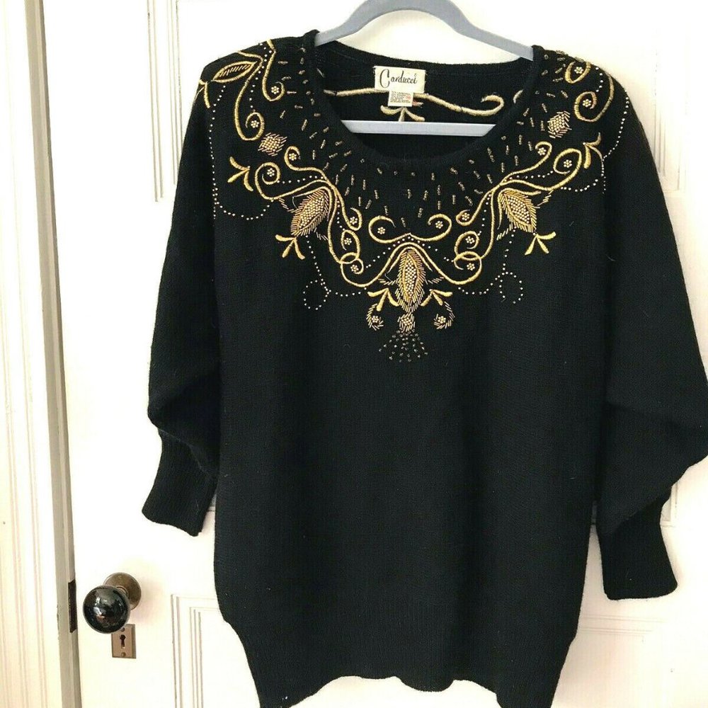 Funky 80s 90s Carducci Black Beaded Angora Blend Pullover Sweater Gold Beading